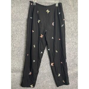 90s Talbots Linen Black Pants Embroidered Butterfly Cottagecore Boho Size 12